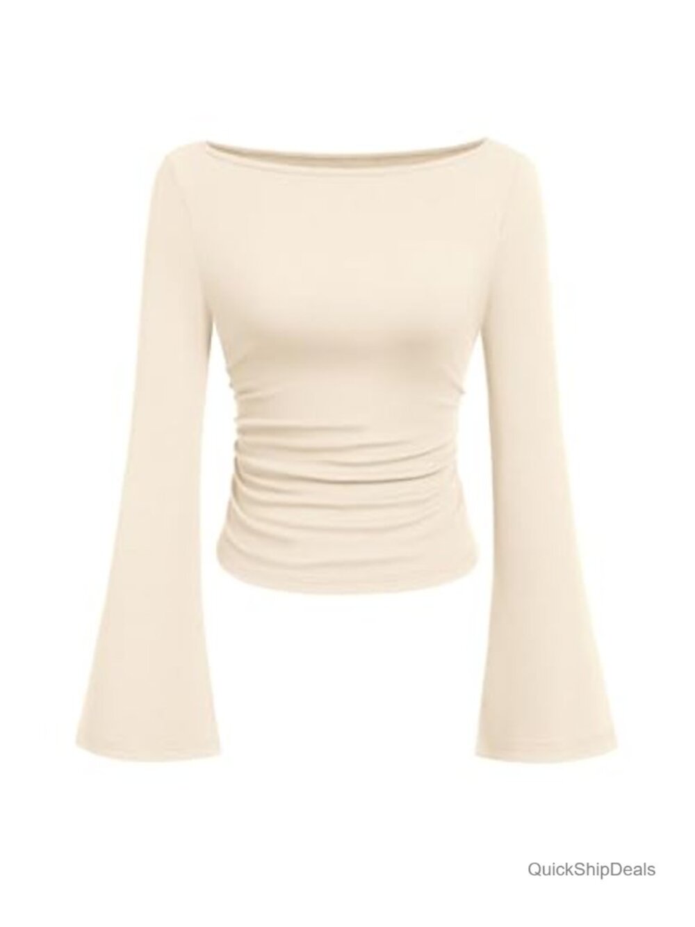 Womens Ribbed Knit Boat Neck Bell Long Sleeve Casual Fitted Top